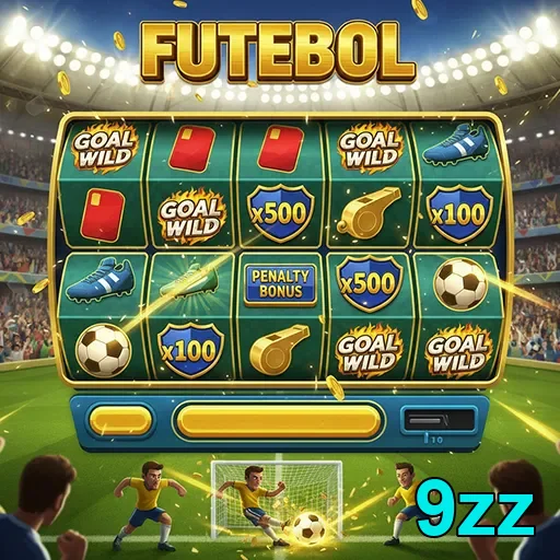 Imagem do jogo de slots de futebol no site 9zz, mostrando símbolos de futebol e prêmios.