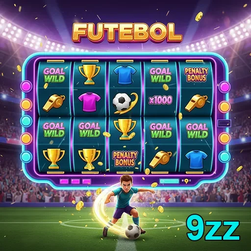 Imagem de jogo de slot de futebol no 9zz, apresentando ícones e gráfico envolvente.